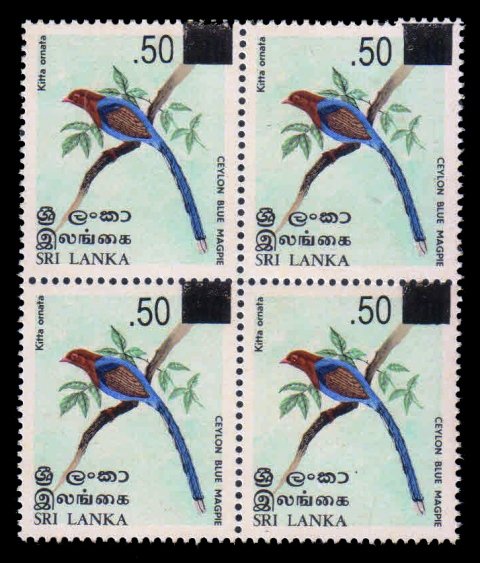 SRI LANKA 2005 - Bird, Ceylone Blue Magpie, Surcharged Issue, 50c on 10c, Block of 4, MNH, S.G. 1725, Cat. Value £ 10