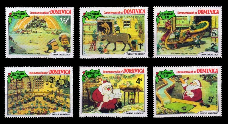 DOMINICA 1981 - Santa Workshop, Christmas, Walt Disney Cartoon, Set of 6 Stamps, MNH, S.G. 754-759
