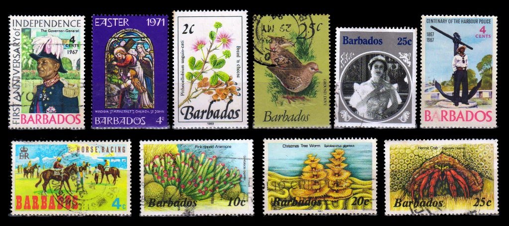 BARBADOS - 10 Different, Large and Used Stamps
