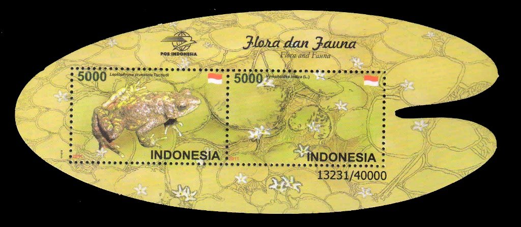 INDONESIA 2011 - Flora and Fauna, Fire Toad and Waterlily, Odd Shaped Miniature Sheet of 2 Stamps, MNH, S.G. MS 3468