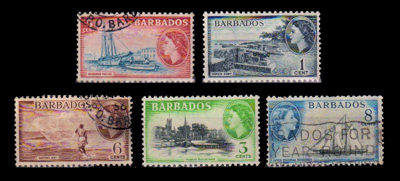BARBADOS 1953 - 5 Different, Queen Elizabeth, Thematic Issues, Used Stamps