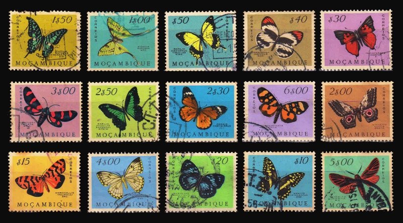 MOZAMBIQUE 1953 - Butterflies and Moths, Set of 15, Used Stamps, S.G. 472-489