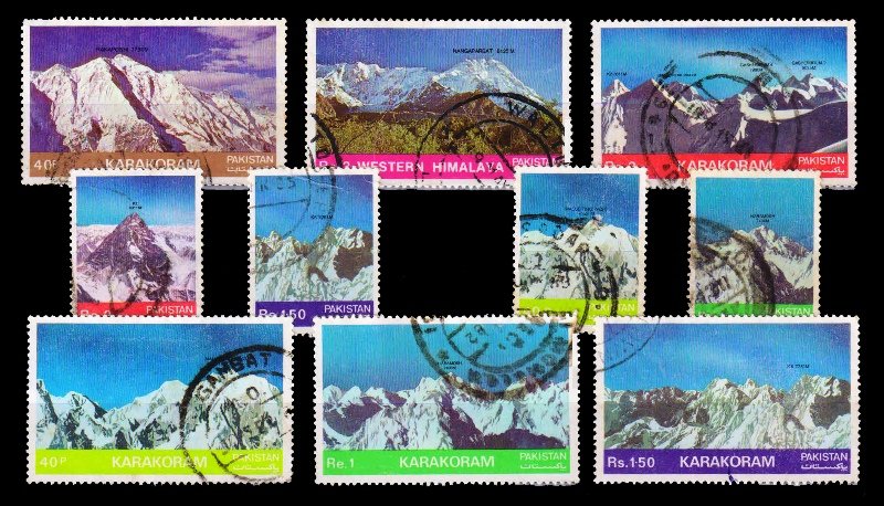 PAKISTAN 1981 - Mountain Peaks, Karakoram and Himalayas, Set of 10 Used Stamps, S.G. 562-569, 674, 675, Cat, � 13