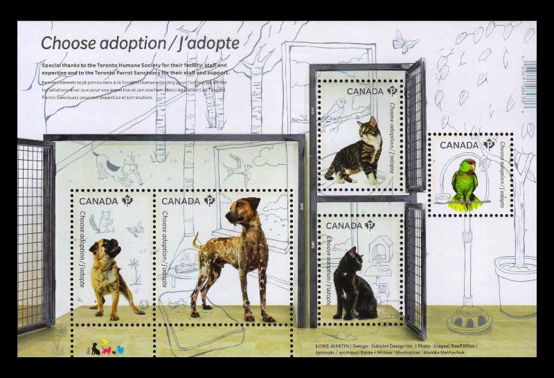 CANADA 2013 - Adopt a Pet, Domestic Animals, Cat, Dog, Parrot, M/S of 5 Stamps, MNH, S.G. MS 2933