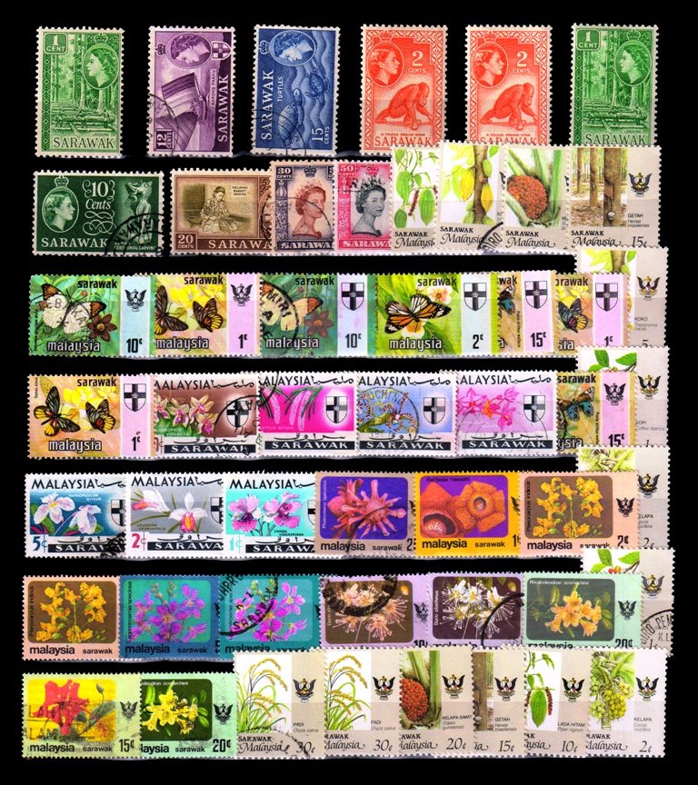 SARAWAK (Malaysian State) - 50 Different Stamps with Watermark and Colour Varieties, Mint and Used Stamps