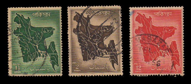 PAKISTAN 1956 - First Session of National Assembly of Pakistan at Dacca, Map of East Pakistan, Set of 3 Used Stamps, Cat. £ 3