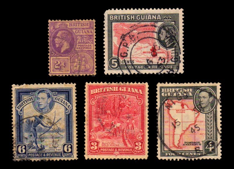 BRITISH GUIANA - 5 Different Old and Used Stamps