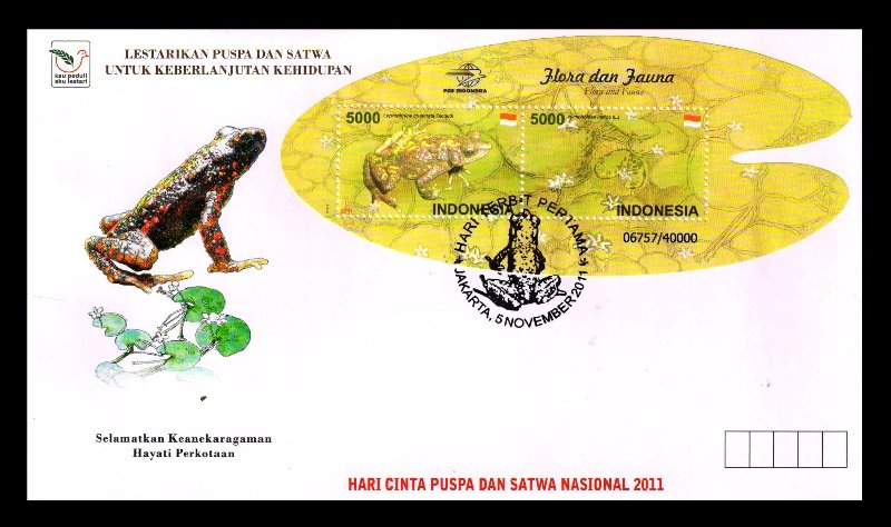 INDONESIA 2011 - Fire Toad and Waterlily, Odd Shaped M/S on FDC