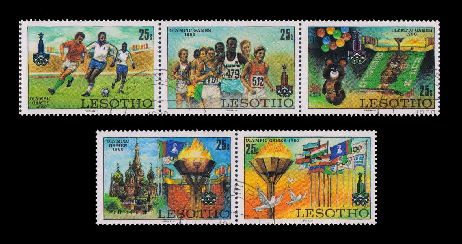 LESOTHO 1980 - Olympic Games, Moscow, Flame, Flag and Kremlin, Opening Ceremony, Football, Set of 5, Cancelled, S.G. 392-396