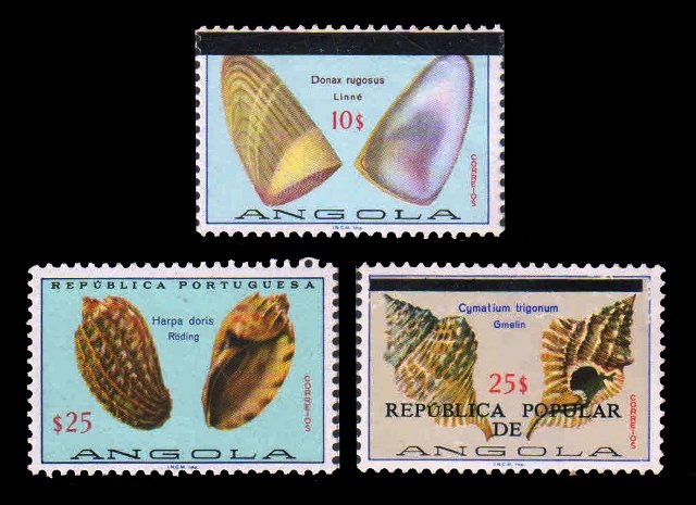 ANGOLA 1974 - Sea Shells, 3 Different Stamps, MNH, S.G. 709, 743, 775