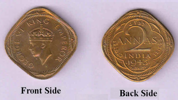 BRITISH INDIA (1943-44) - King George VI, 2 Anna, Nickel Brass Coin, Bombay Mint, Good Condition 