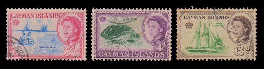 CAYMAN ISLAND 1962 - Green Turtle, Beach, Schooner, Boat, Queen Elizabeth, 3 Different Old Used Stamps, S.G. 170-172