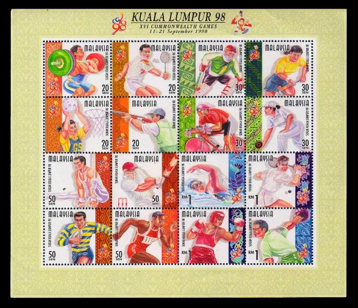 MALAYSIA 1998 - 16th Commonwealth Games, Kuala Lumpur, Sports, Cricket, Cycling, Boxing etc, Sheet of 16 Stamps, MNH, S.G. 693-708