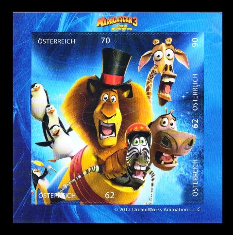 AUSTRIA 2012 - Madagascar 3 Movie, Cartoon, Puzzle Shaped Stamps, MS of 4 Stamps, MNH, S.G. MS 3181, Cat. � 12.50