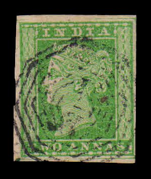 INDIA 1854 - 2 Anna Typo graphed Dull Green, Used Stamp with Four Side Margin, Condition as per scan