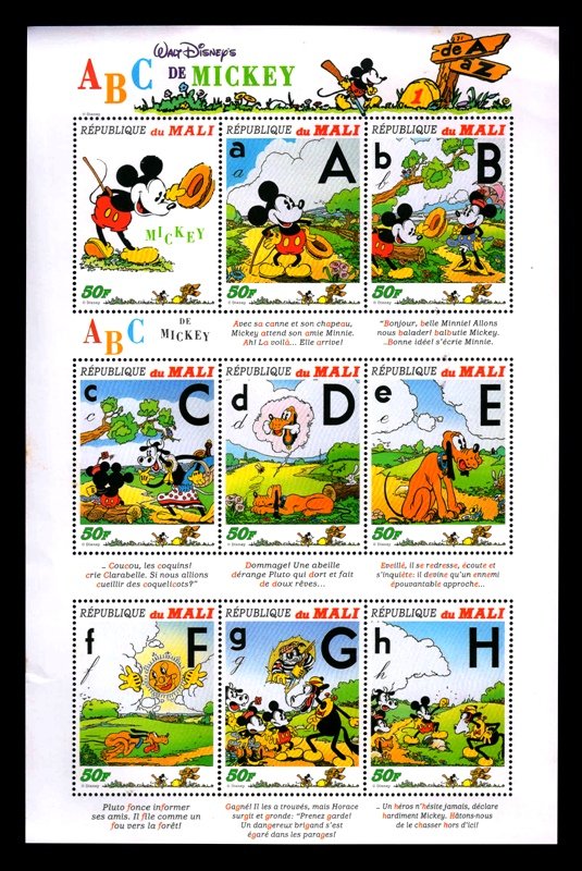MALI 1996 - ABC of Mickey Mouse, Disney Cartoon, Sheet of 9 Stamps, MNH, Scott No.797
