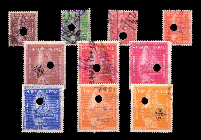 NEPAL 1957 - Nepalese Crown, 2 Pies to 2 Rs. Fiscally Used, 10 Different Stamps, S.G. 103-114