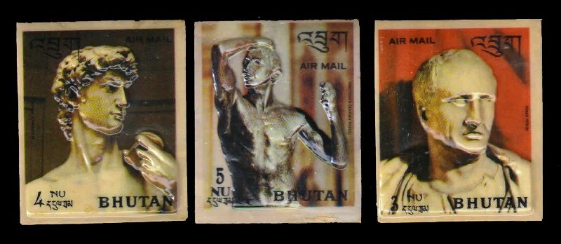 BHUTAN 1971 - History of Sculpture, Plastic Embossed Stamps, 3 Different Air Mail, MNH