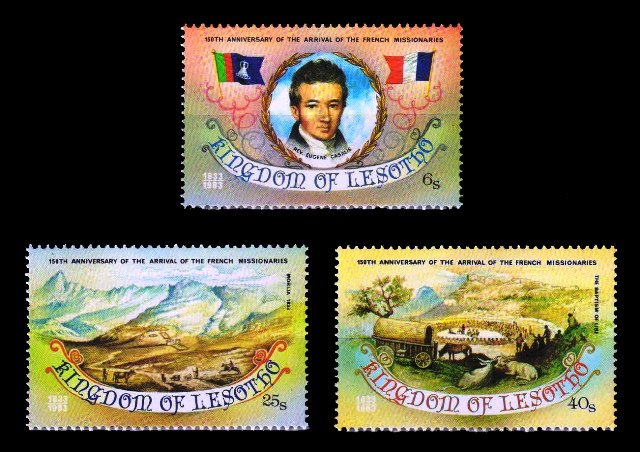 LESOTHO 1983 - French Missionaries in Lesotho, Flags, Village, Set of 3, MNH, S.G. 550-552