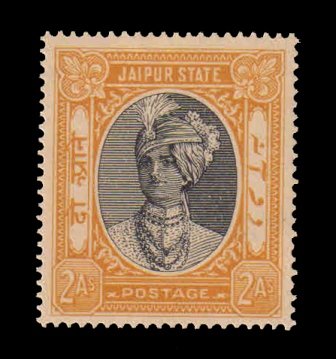 JAIPUR STATE 1943 - Maharaja Sawai Man Singh, 2 Anna Black and Buff, 1 Value MNH, S.G. 61, Cat. Value £ 21