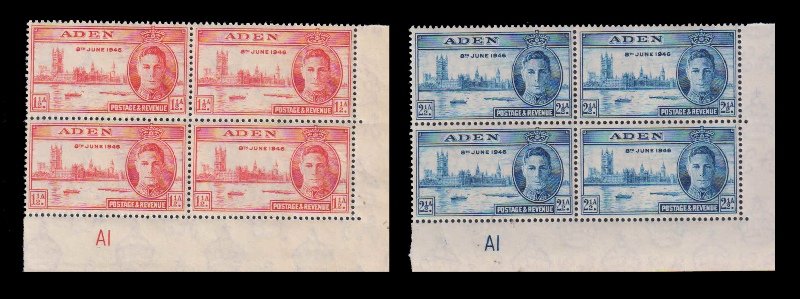 ADEN 1946 - King George VI, Victory Issue, Set of 2, Corner Block of 4, MNH, S.G. 28-29