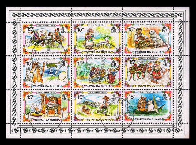 TRISTAN DA CUNHA 1980 - Christmas, Sheet of 9 Stamps, First Day Cancelled