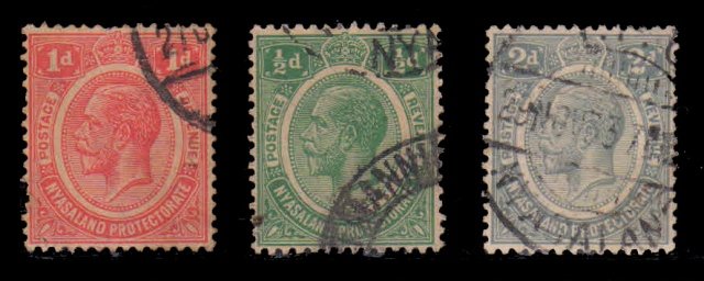 NYASALAND PROTECTORATE 1913 - 3 Different, King George V, Old and Used Stamps