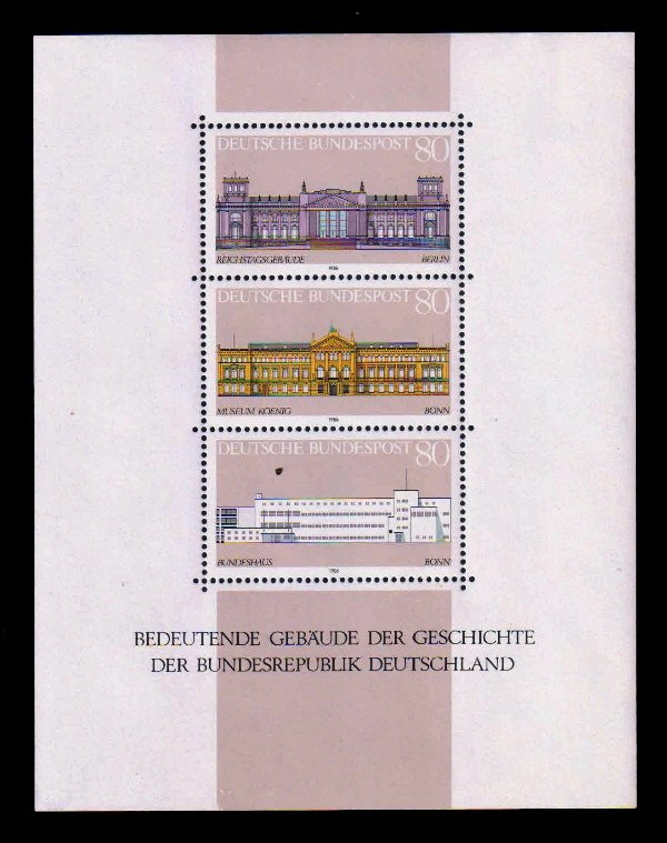 GERMANY WEST 1986 - Building in History, Reichstag Berlin, Koeing Museum, Architecture, Sheet of 3, MNH, S.G. MS 2136, Cat. � 6.75