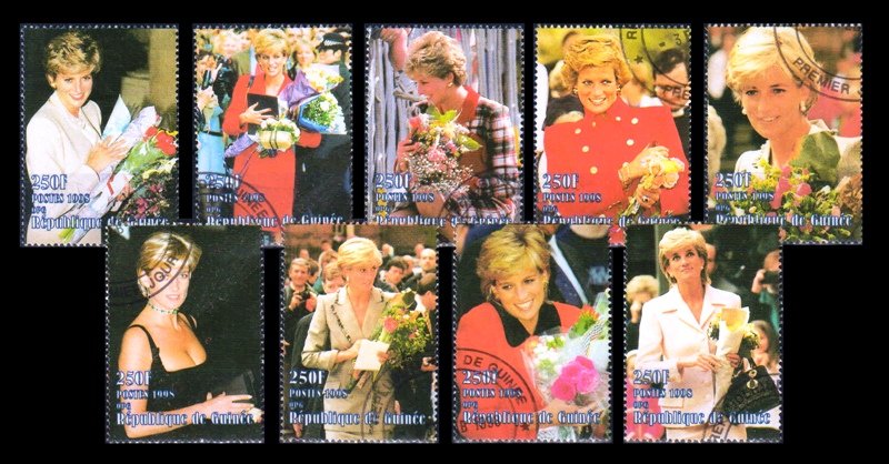 GUINEA REPUBLIC 1998 - 1st Death Anniversary of Lady Diana, Princes of Wales, Set of 9 Stamps, Cancelled