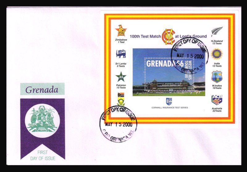 GRENADA 2000 - West Indies Cricket Tour and 100th Test Match at Lord Ground, Miniature Sheet on First Day Cover