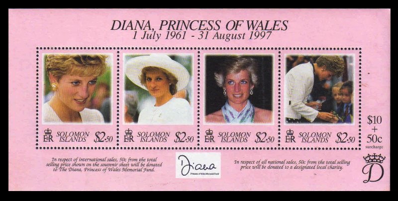 SOLOMON ISLANDS 1998 - Lady Diana, Princess of Wales, Sheet of 4 Stamps, MNH, S.G. MS 908