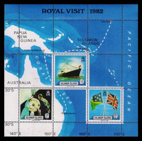 SOLOMON ISLANDS 1982 - Royal Visit, Flags of UK and S.I. Royal Yatch, Queen and Prince Philip, Miniature Sheet of 3 Stamps, MNH, S.G. MS 475