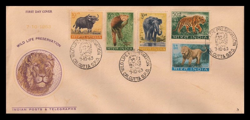INDIA 1963 - Animals Series, Lions, Tiger, Elephant, Set of 5 Stamps on First Day Cover