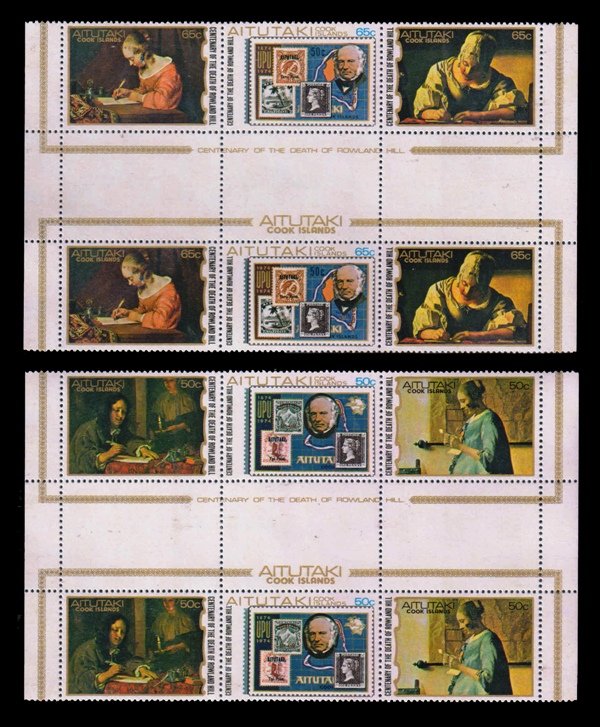 AITUTAKI 1979 - Sir Rowland Hill, Paintings, Stamp on Stamp, Set of 6 Stamps x 2 Set with Gutter Margin, as per scan, S.G. 273-278