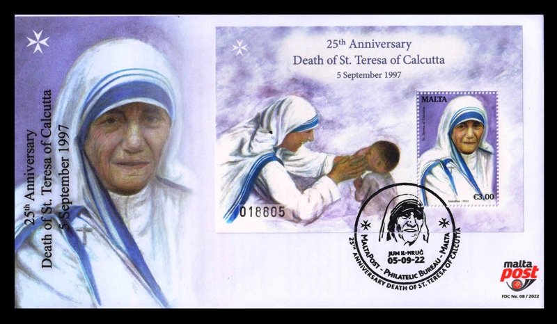 MALTA 2022 - 25th Death Anniversary of Mother Teresa Miniature Sheet on First Day Cover