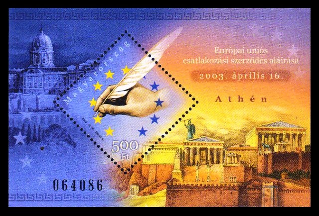 HUNGARY 2003 - Singing of Treaty of Accession to the European Union, Diamond Shaped Stamp, M/S, MNH, S.G. MS 4674, Cat. � 15.00