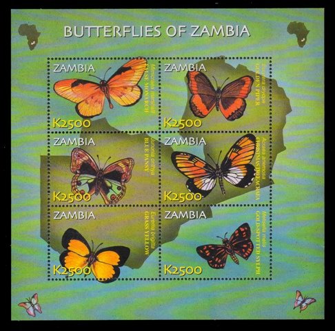 ZAMBIA 2002 - Butterflies of Zambia, Map, Sheet of 6 Stamps, MNH, S.G. MS 5896