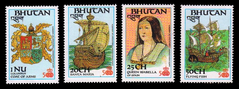 BHUTAN 1987 - 500th Anniversary of Discovery of America by Columbus, Ships, Coat of Arms, Set of 4, MNH, S.G. 687-690