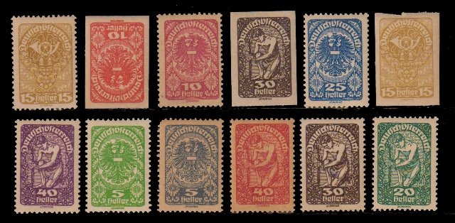 AUSTRIA 1919 - 12 Different Stamps, Perf and Imperf, Post Horn, Arms
