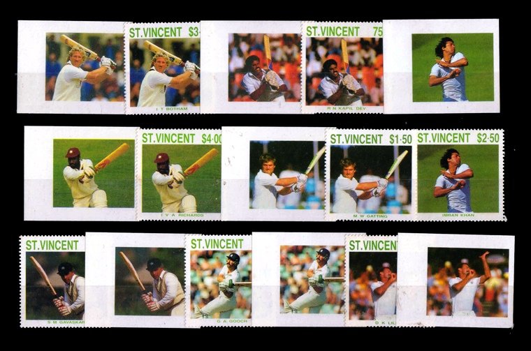 ST. VINCENT 1988 - Cricketers of 1988, MNH, Set of 8, Imperf Stamp without Value and Country Name, As Per Scan