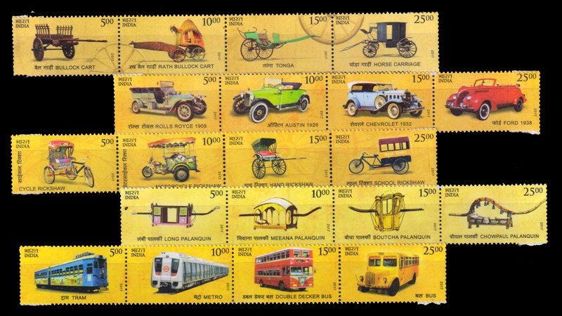 INDIA 2017 - Means of Transport Through the Ages. Train, Metro, Bus, Railway, Cycle Rickshaw, Set of 20 Se-Tenant Stamps, MNH