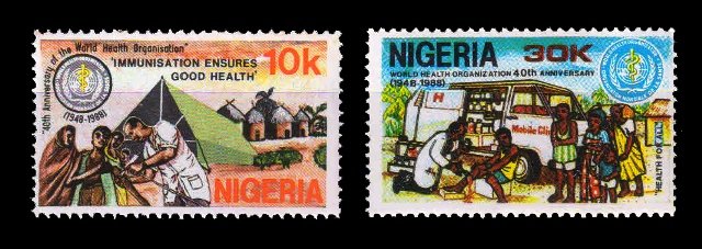 NIGERIA 1988 - 40th Anniversary of WHO, Doctor and Patients, Health Camp, Set of 2 Stamps, MNH, S.G. 555, 557