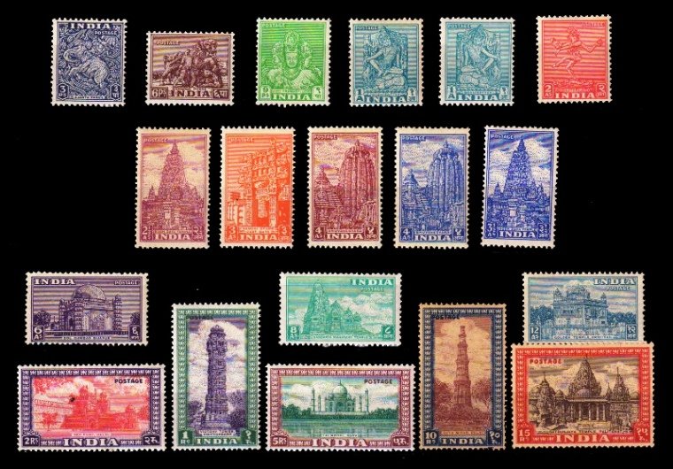 INDIA 1949 - Archaeological Series, 1st Series, Set of 19 Stamps, Mint Hinged