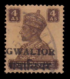 GWALIOR STATE 1949 - King George VI, 4 Anna Overprint Gwalior, Local Print (Alizah Printing Press), 1 Value Used Stamp, S.G. 134, Cat. Â£ 4