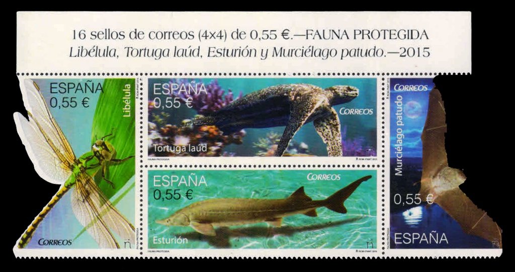 SPAIN 2015 - Endangered Species, Dragonfly, Turtle, Bat Sturgeon, Sheet of 4 Odd Shape Stamps, MNH, S.G. 4973-4976, Cat. Â£ 4.80