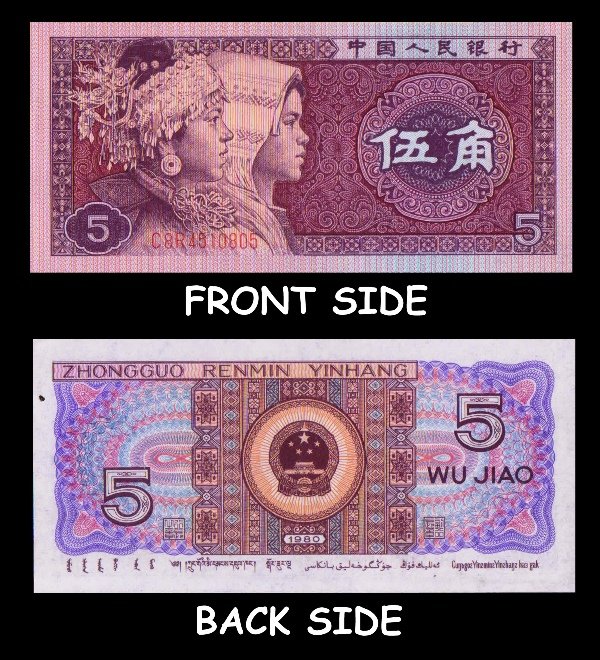 CHINA 1980 - 5 Jiao Banknotes, Girls in Ethinic Dress, Gate of Heavenly Peace, Serial No. Prefix-C8R