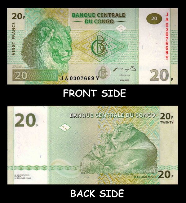 CONGO 2003 - 20 Francs Banknote, Lion, Good Condition