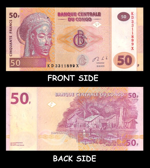 CONGO 2013 - 50 Francs Banknote, Mask, Fishermen Village, Good Condition