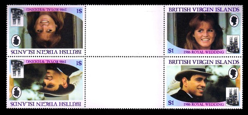 BRITISH VIRGIN ISLANDS 1986 - Royal Wedding, Prince Andrew and Miss Sarah  Ferguson, Set of 2, Block of 4 with Gutter and Tete Beche, MNH, S.G. 607-608