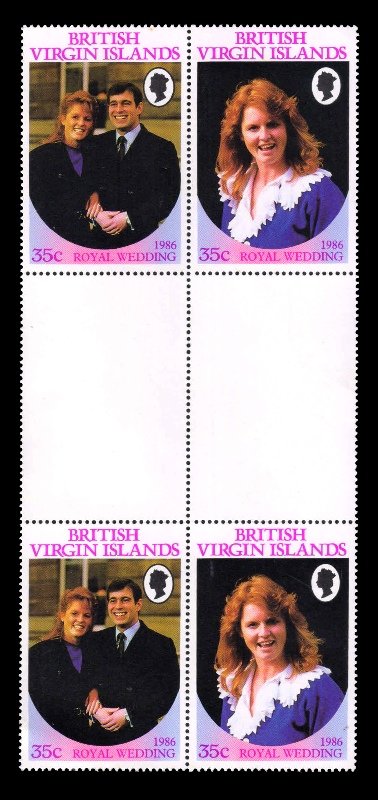 BRITISH VIRGIN ISLANDS 1986 - Royal Wedding, Prince Andrew and Miss Sarah  Ferguson, Block of 4 with Gutter Margin, MNH, S.G. 605-606